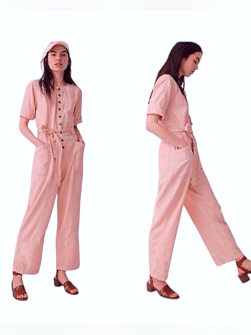 Madewell Relaxed Short-Sleeve Pink Utility Jumpsuit with Waist Tie